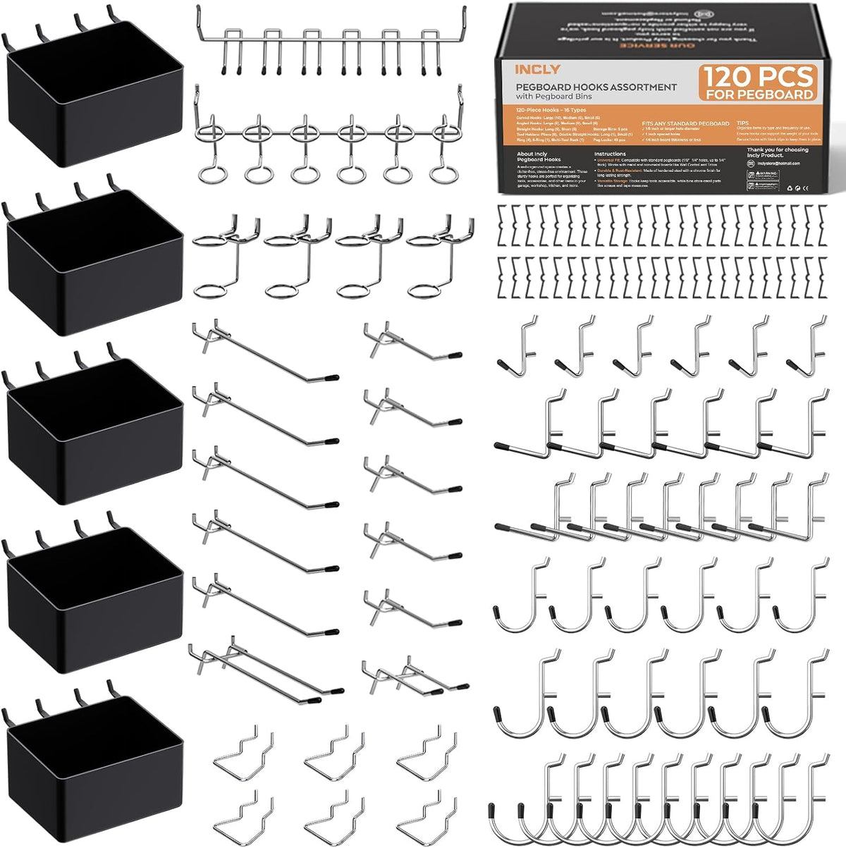 Overhead layout of pegboard hooks, multiple chrome hooks and four black pegboard bins arranged with product box