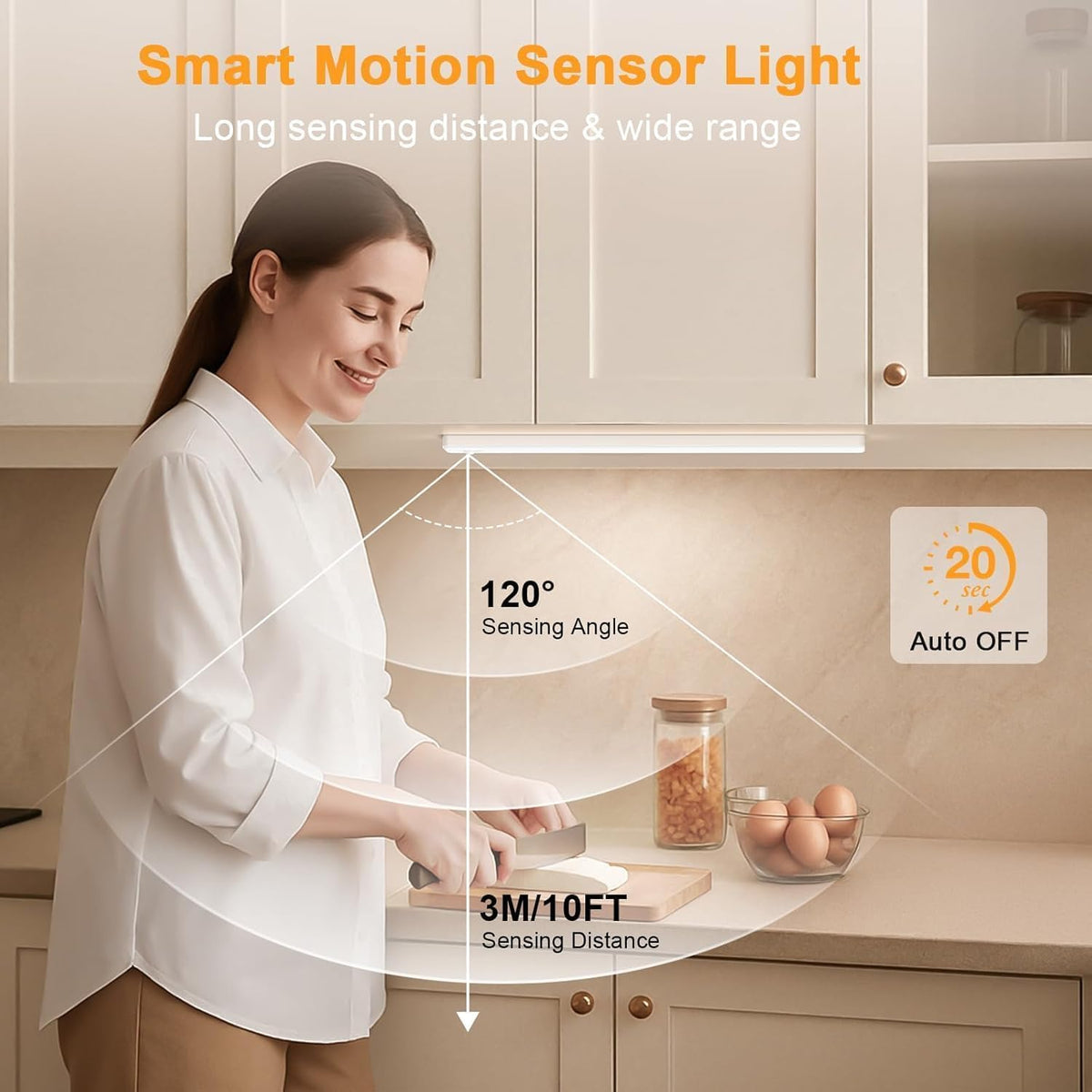 Woman chopping on a kitchen counter beneath a mounted slim LED bar, with overlay arcs showing its motion-sensing coverage.