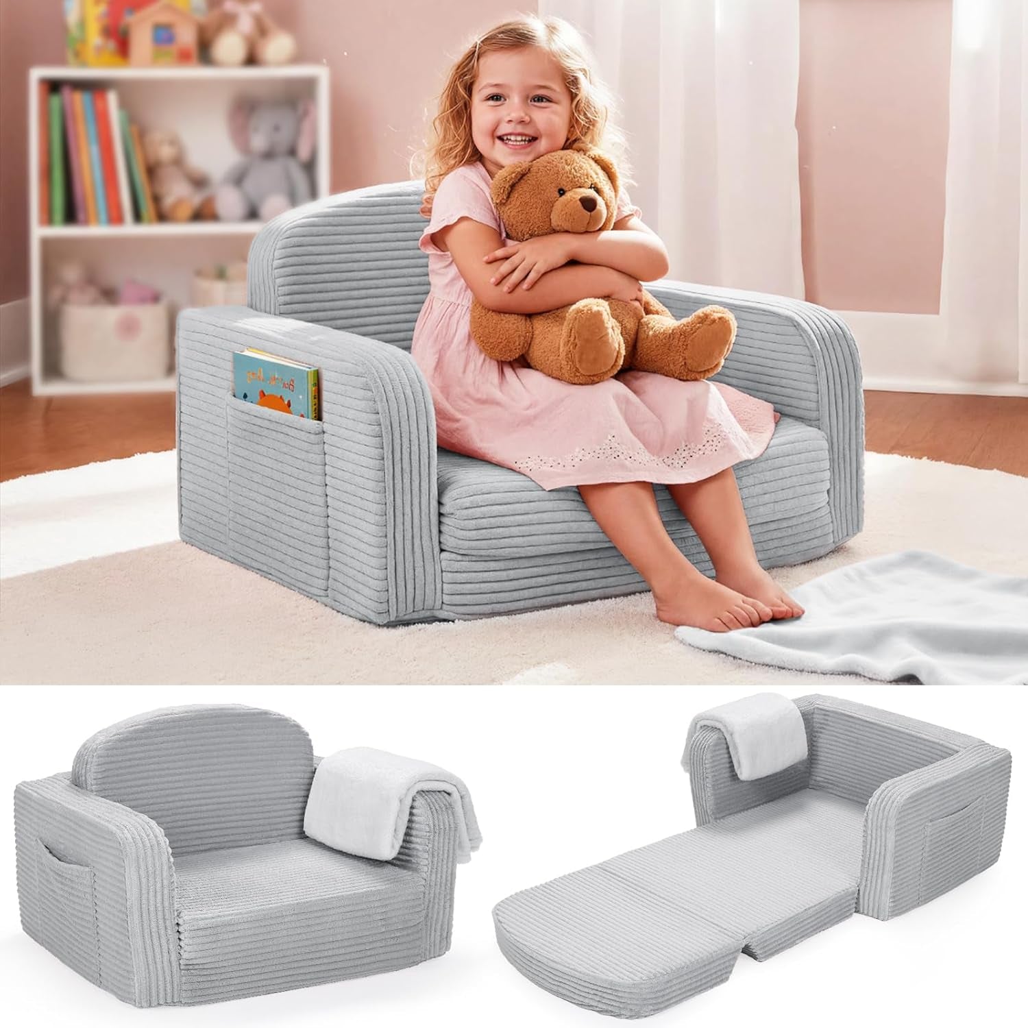 Light gray corduroy toddler sofa with smiling girl hugging a teddy, plus sofa and flat bed views.