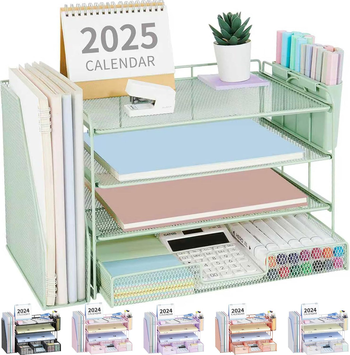 Mint-green metal 4-tier desktop organizer with side file slot, top pen caddy, drawers and paper trays filled with office