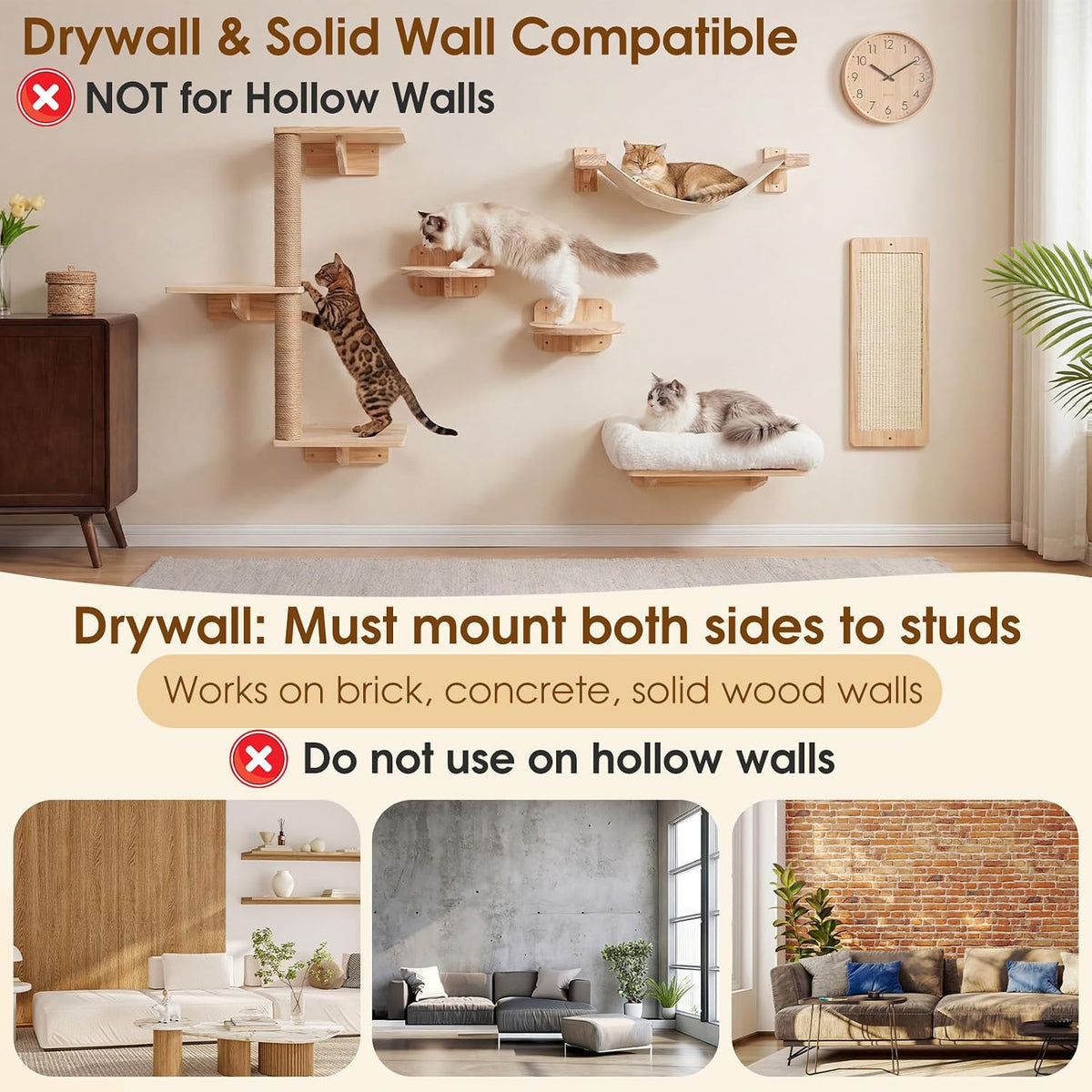 Light-wood wall-mounted cat shelves and tall sisal post installed on a beige wall with multiple cats using platforms and