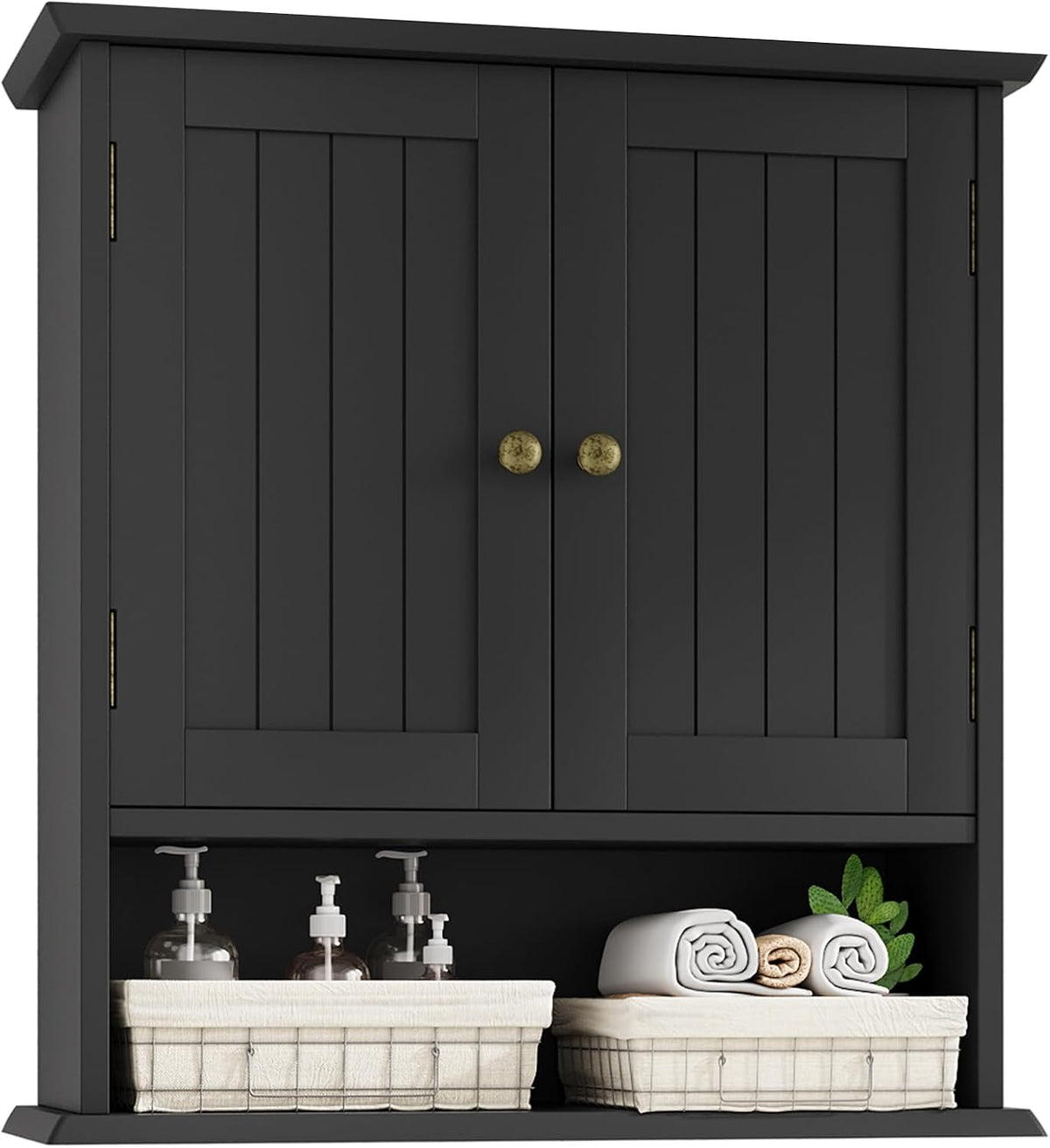 Straight-on view of a dark wall cabinet with closed paneled doors and an open lower shelf holding rolled towels, baskets and