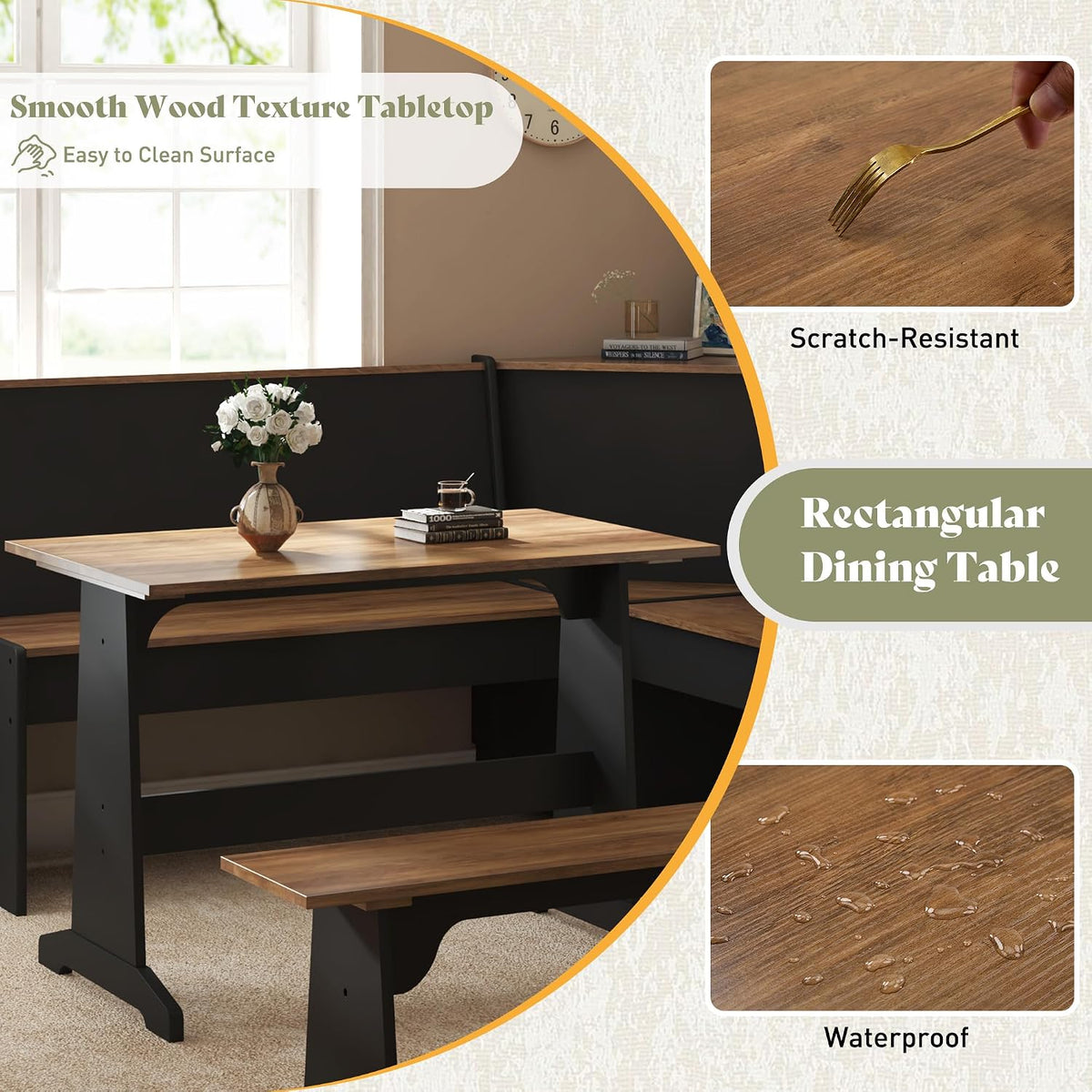 Close view of black oak tabletop and benches with inset scratch and water-drop detail panels
