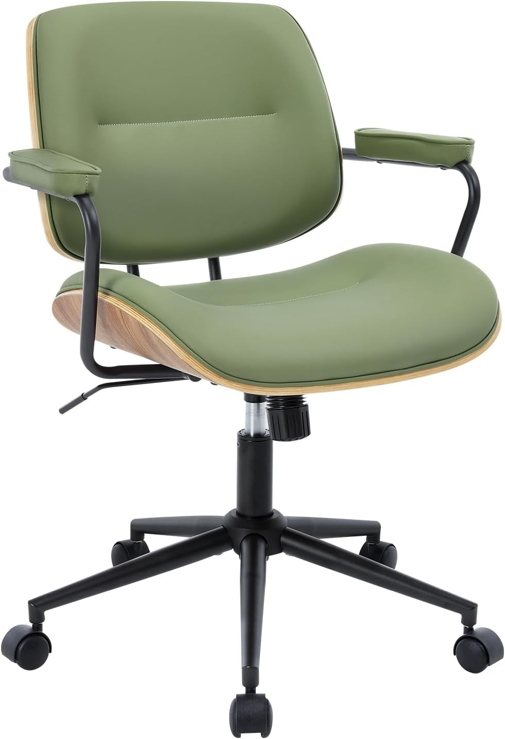 Studio front view of green mid-century office chair with contoured seat, wooden shell and black five-star rolling base