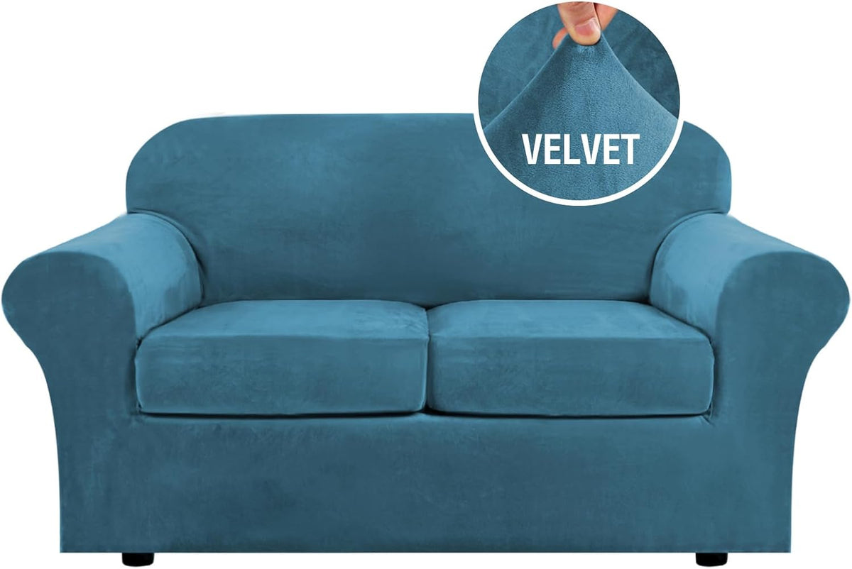 Front view of a three-cushion sofa dressed in a teal blue velvet slipcover with a circular fabric texture close-up.