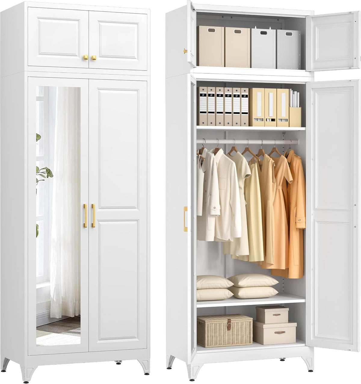 Tall white wardrobe split view: closed mirrored door at left and open interior at right with hanging clothes and storage