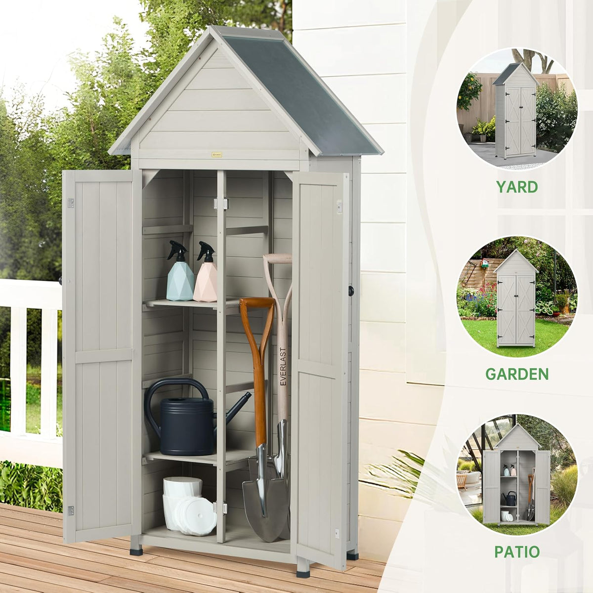 Gray outdoor storage cabinet on a wooden deck with doors open, showing shovel, watering can and interior shelving