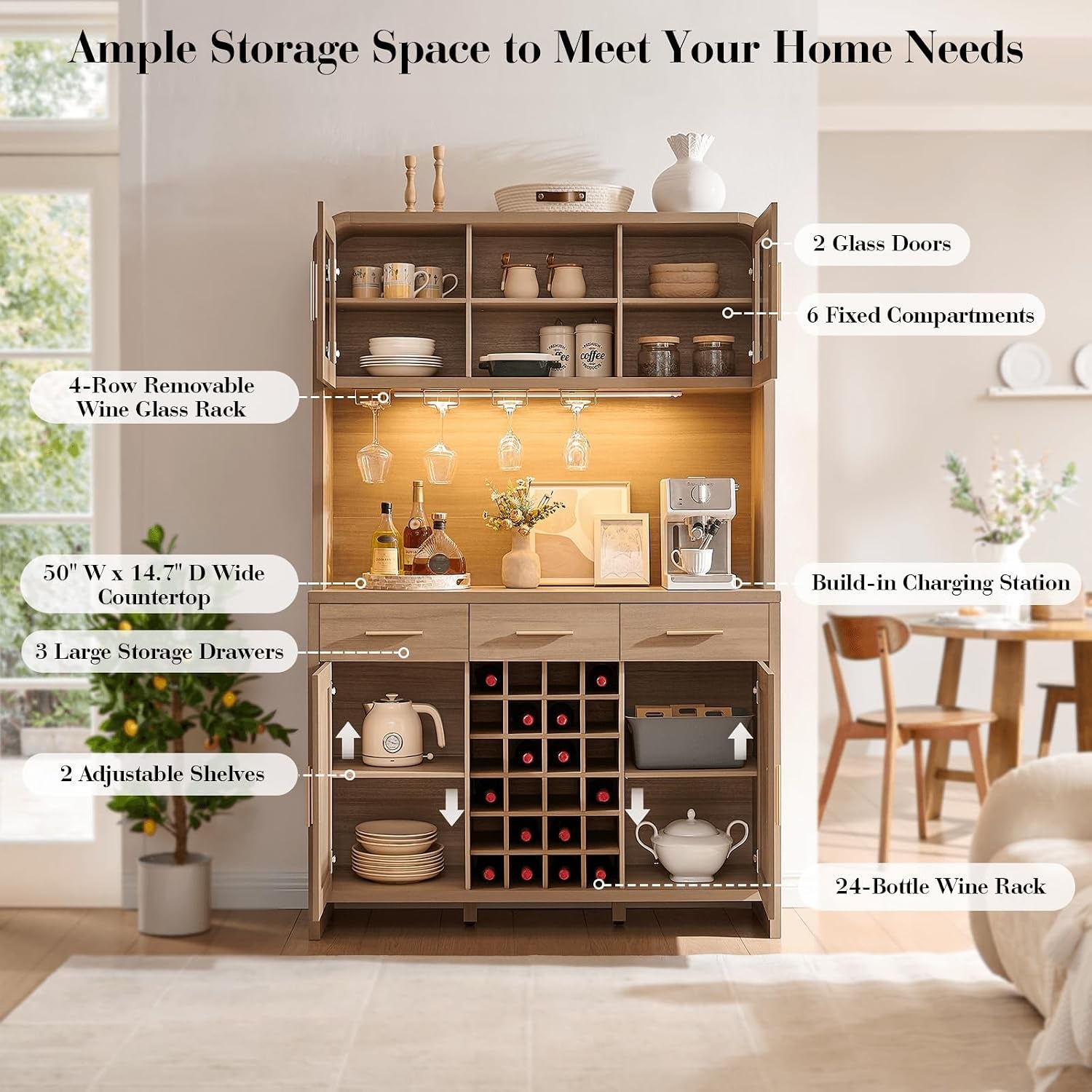 Staged front view highlighting removable 4-row wine glass rack, 50" wide countertop, three drawers and 24-bottle wine rack