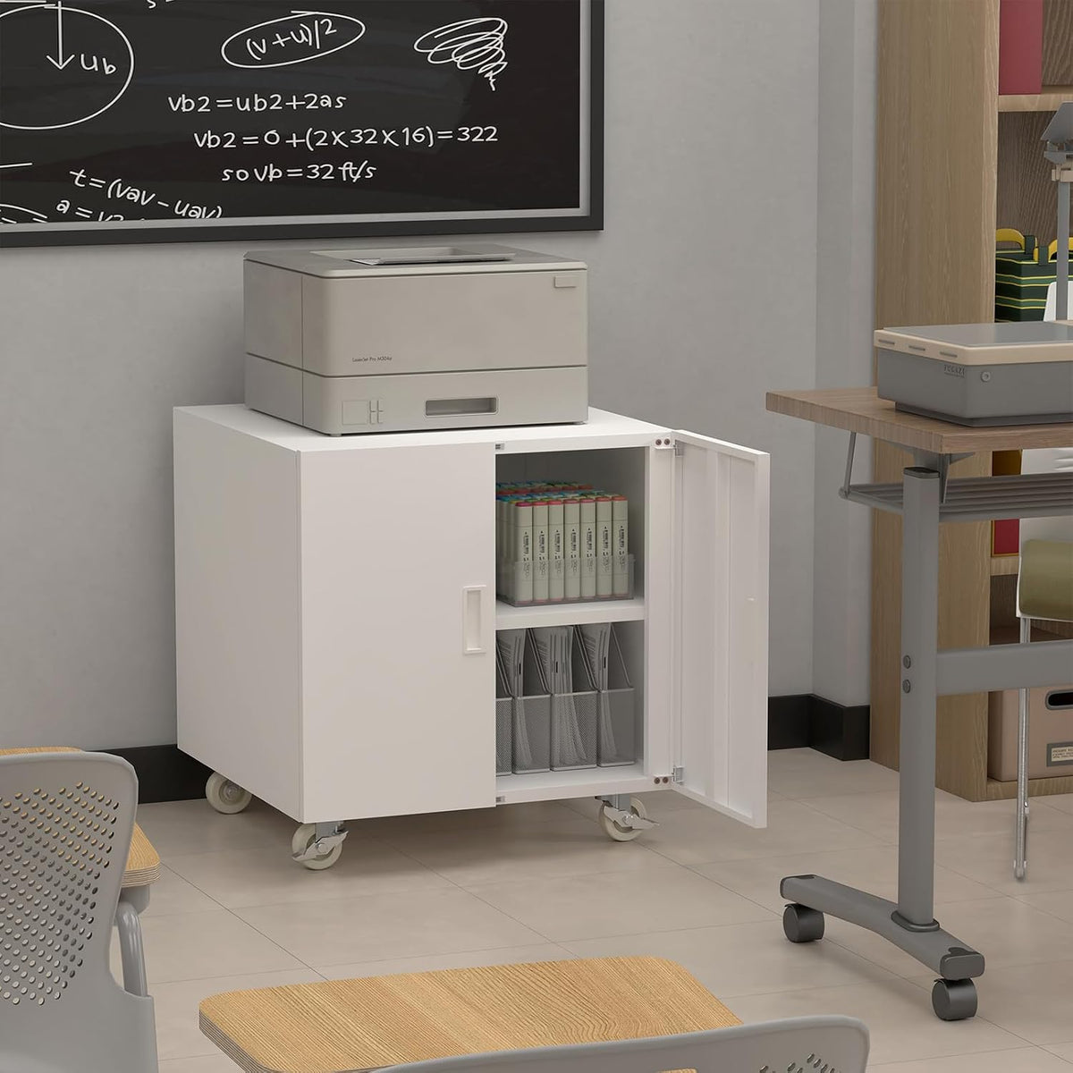 White rolling cabinet with one door open, printer on top and interior shelf holding files and mesh organizers