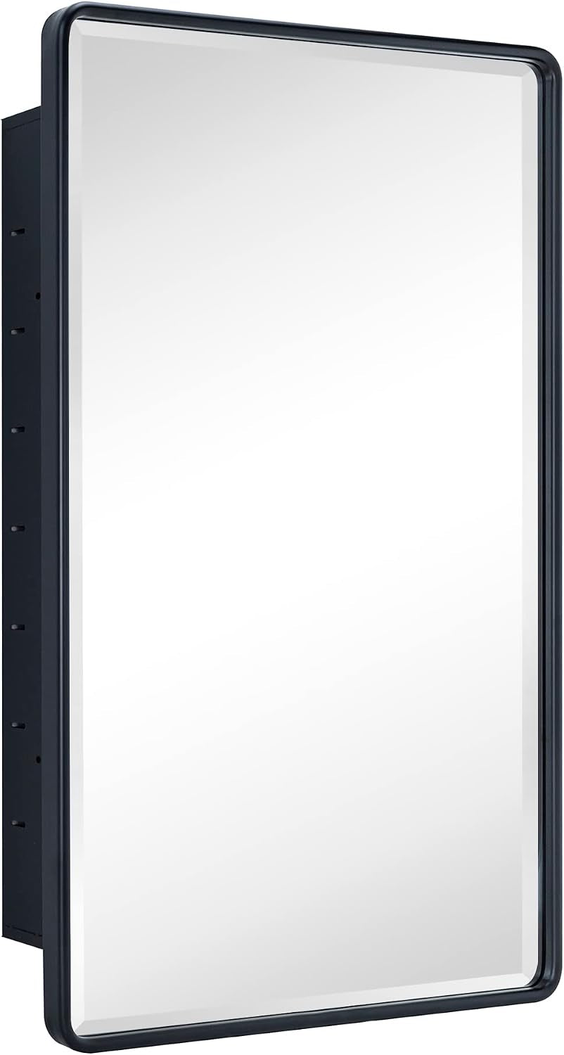 Slightly angled view of the closed mirror door highlighting the smooth matte-black rounded frame