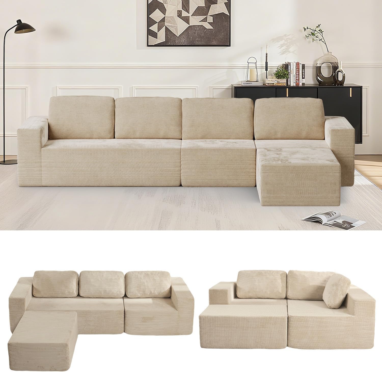 Wide living-room photo of a beige modular L-shaped sofa with two smaller arrangement photos below