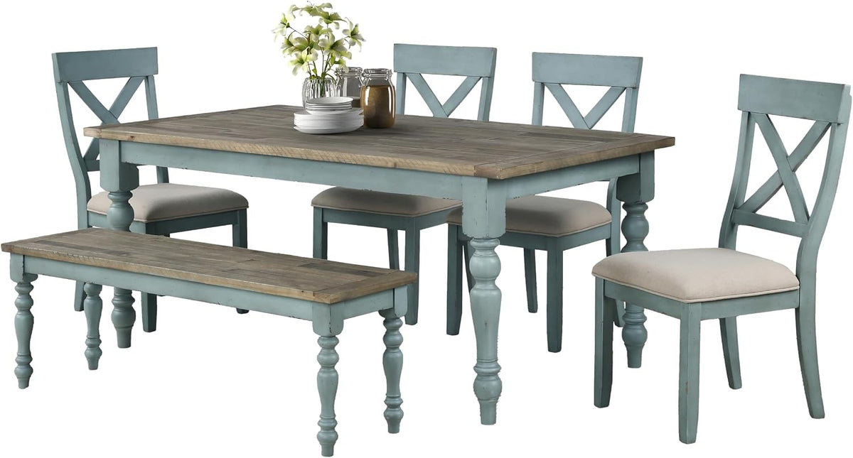 Same dining set shown in a blue-green painted finish with oak top