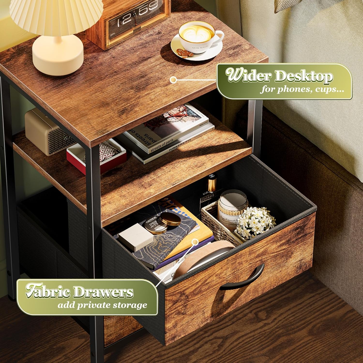 Close-up of top and shelf showing woodgrain surface and an open fabric drawer filled with items
