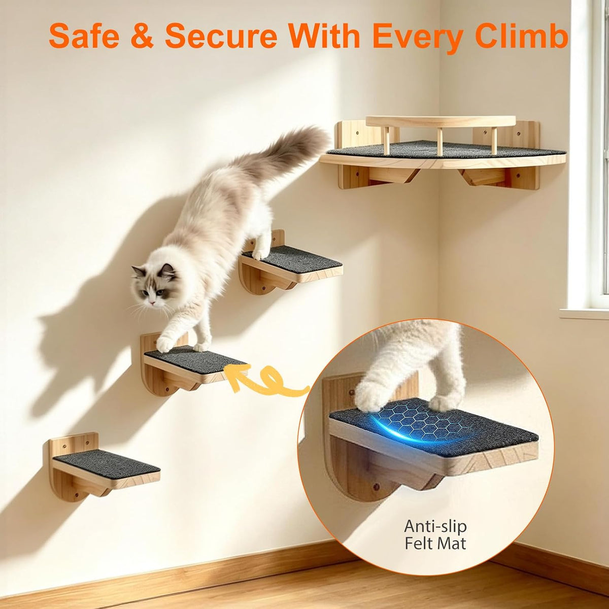 Cat stepping between wall steps with a close-up of the anti-slip grey felt mat on a natural wood shelf