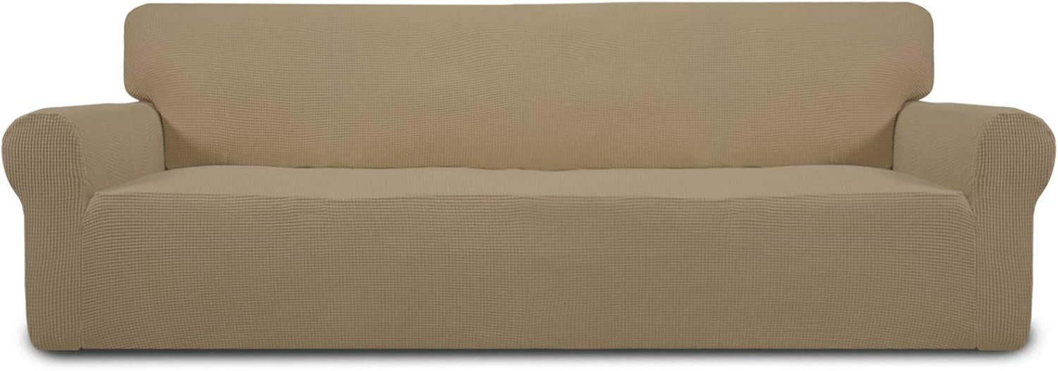 Front view of a two-cushion loveseat draped in a textured beige stretch slipcover.
