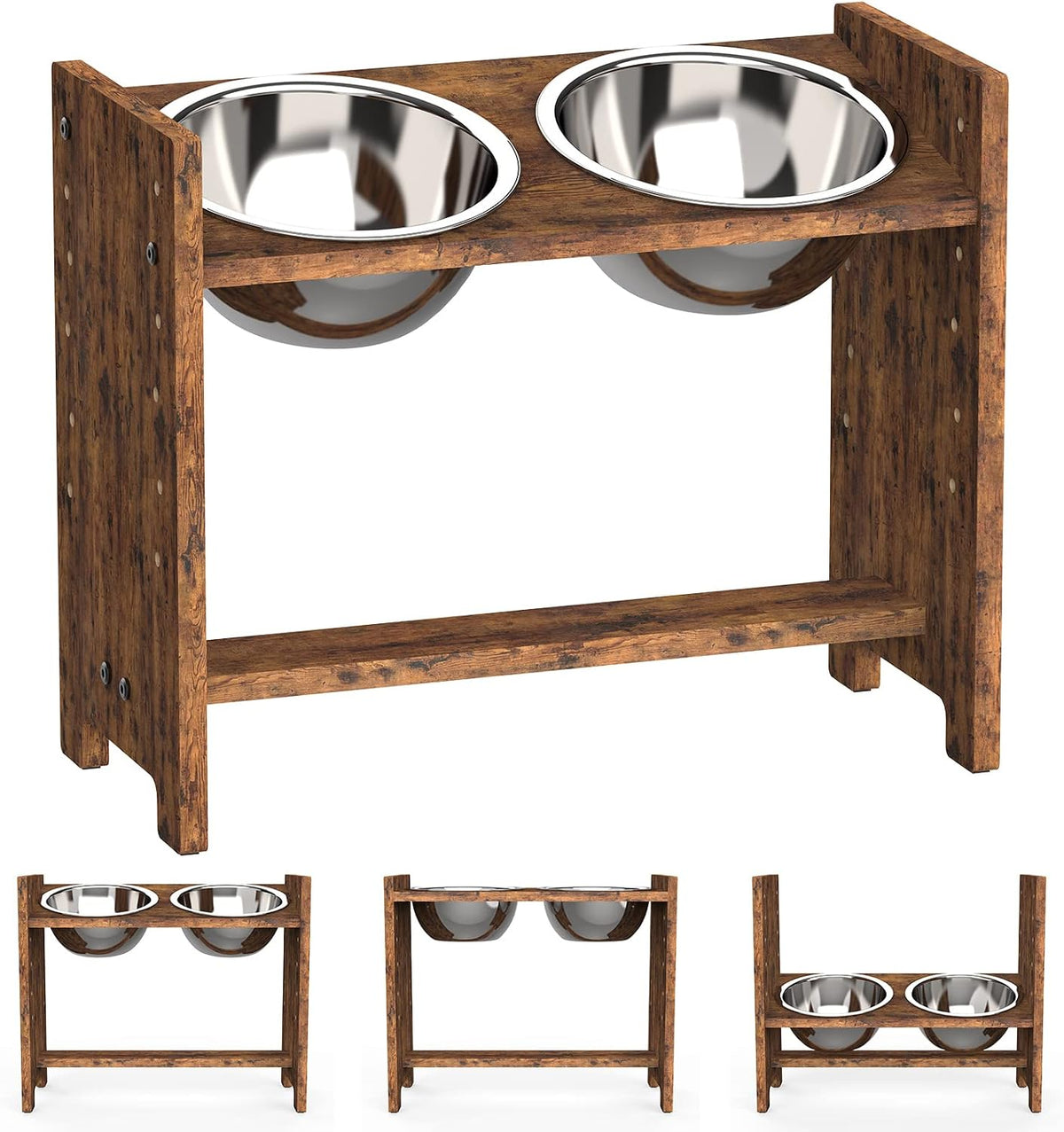 Three-quarter view of a rustic brown wood finish elevated double dog bowl stand with two stainless bowls