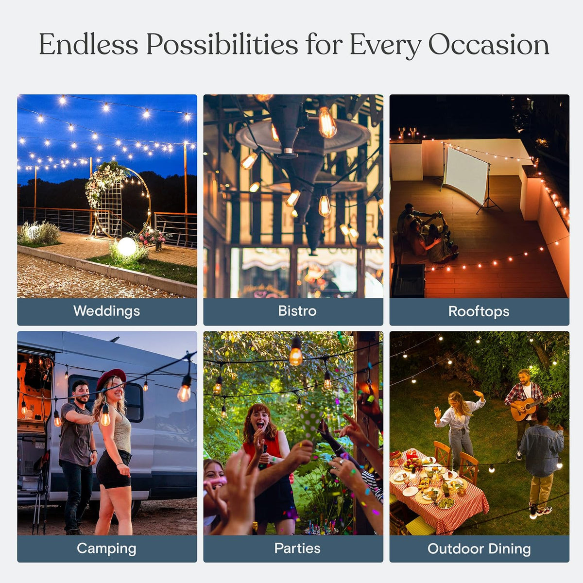 Six-panel collage showing string lights draped across evening outdoor scenes and gatherings.
