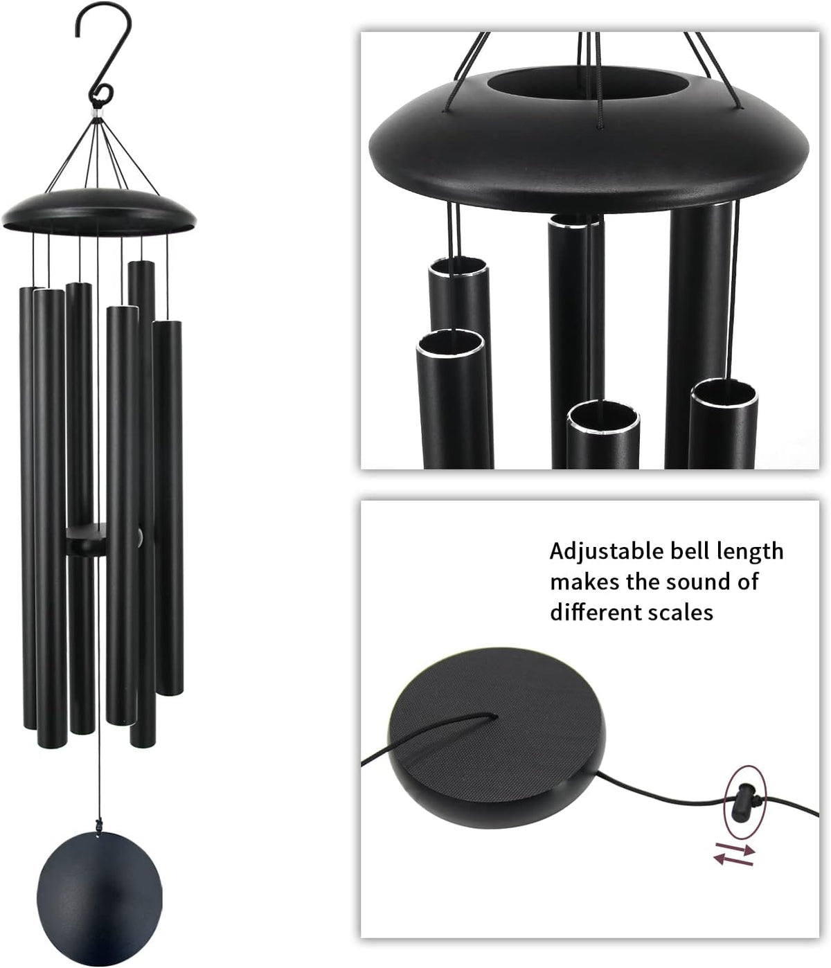 Black wind chime on white background with close-up of domed top and hanging tubes