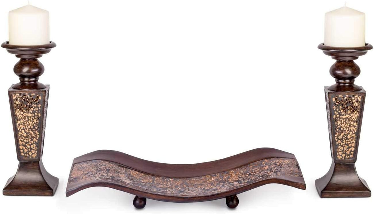 Wide shot with holders placed on either side of a curved wooden decorative tray with ball feet
