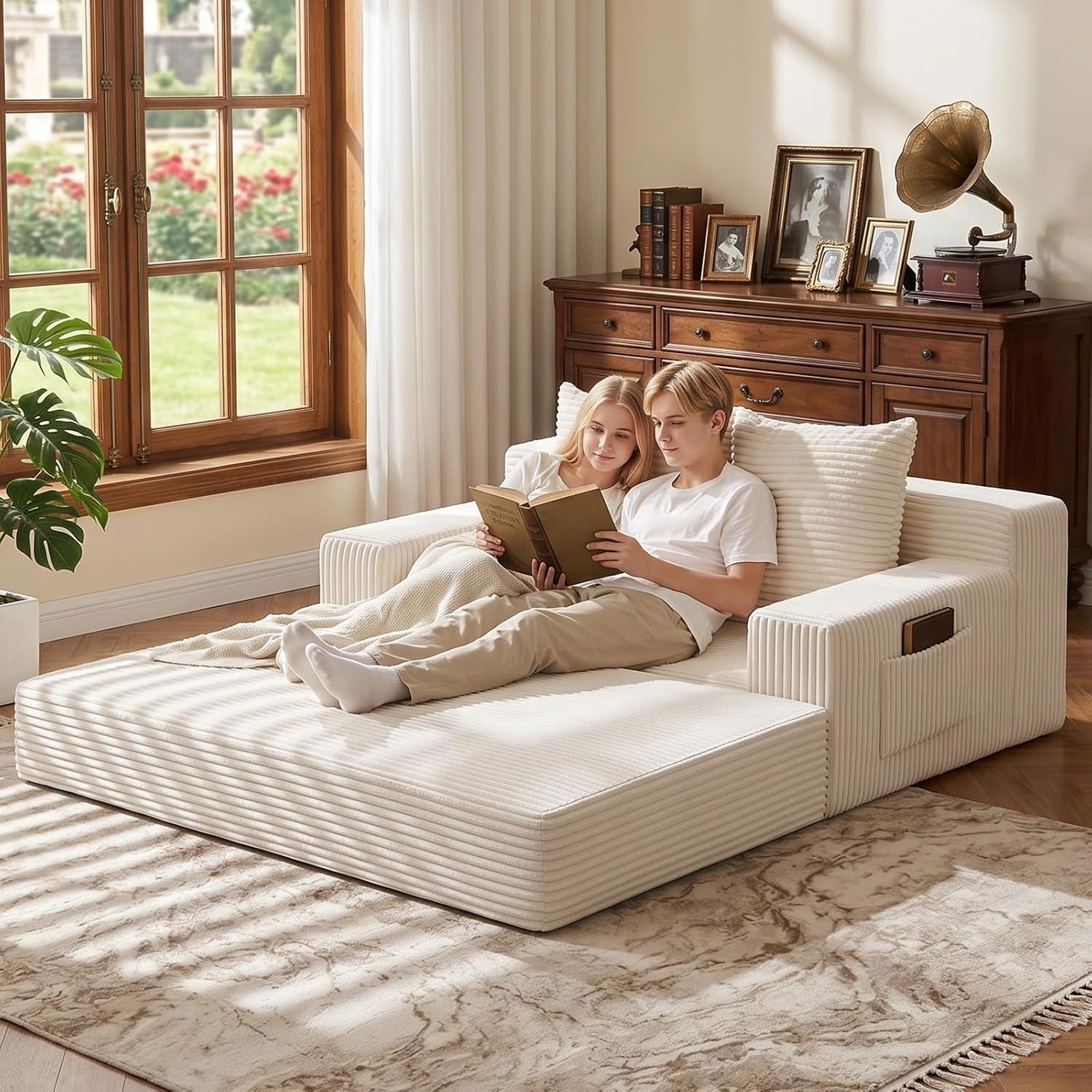 Boneless Loveseat Couch Folding Sofa Bed, Foldable Floor Futon Sleeper Couch Bed - Convertible Sofa Bed, Corduroy Pull Out Sofa Bed with 2 Pillows for Living Room & Bedroom