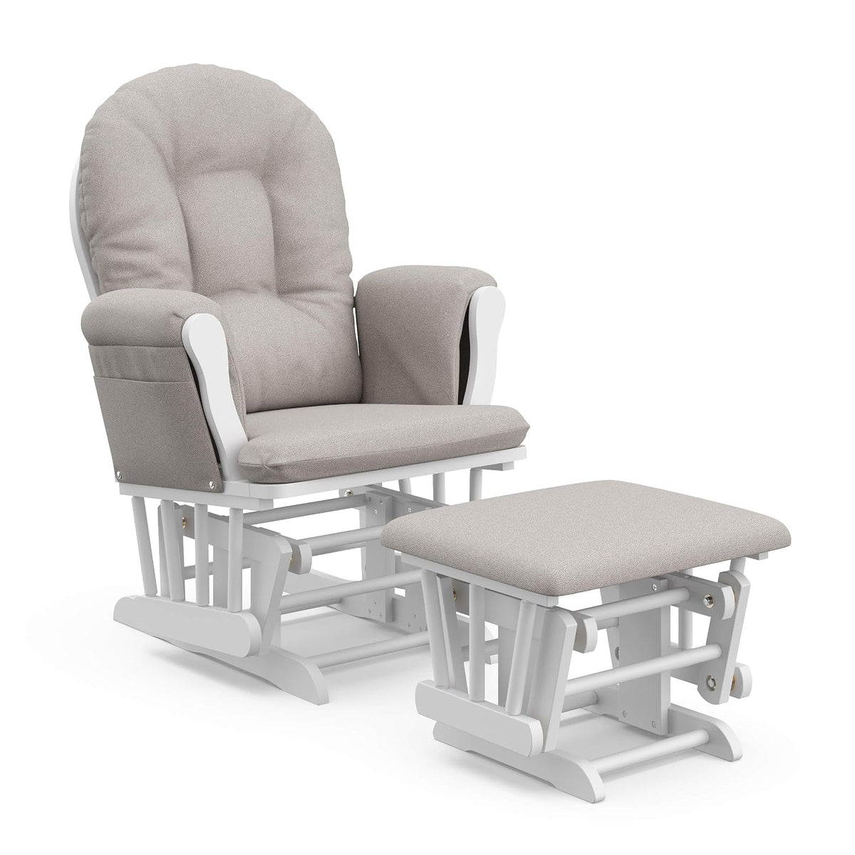 White wooden glider chair with matching ottoman upholstered in light gray fabric, shown on white background