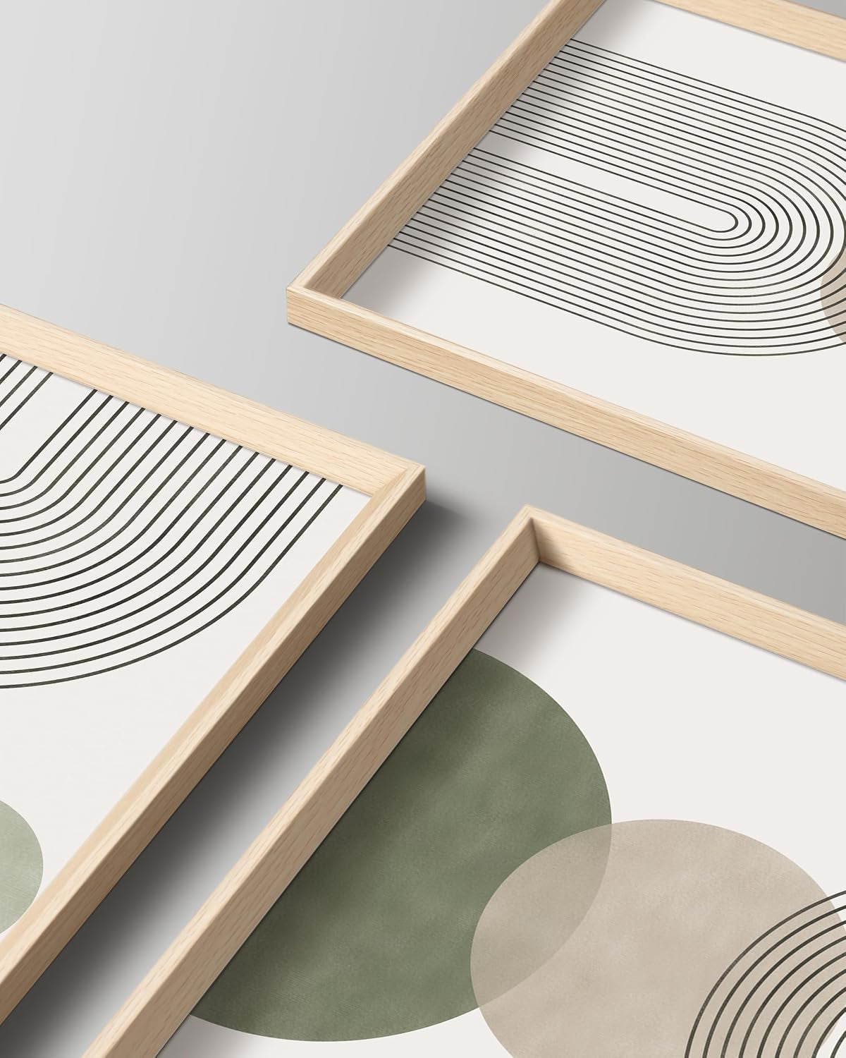 Close-up of light wood–finish MDF frame corners with raised-edge profile and textured canvas