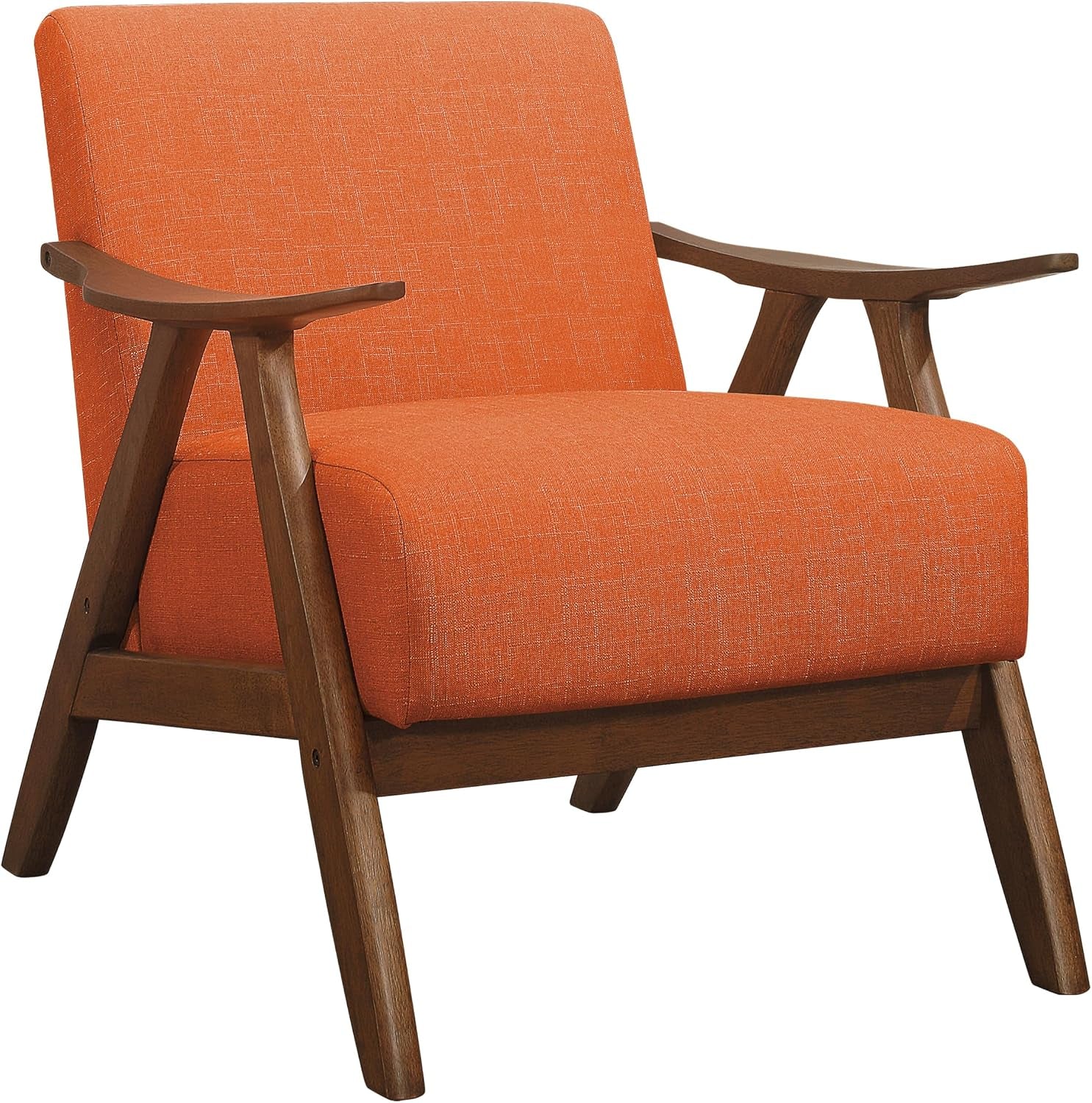 Orange linen-look upholstered accent chair with dark walnut wooden arms and legs.