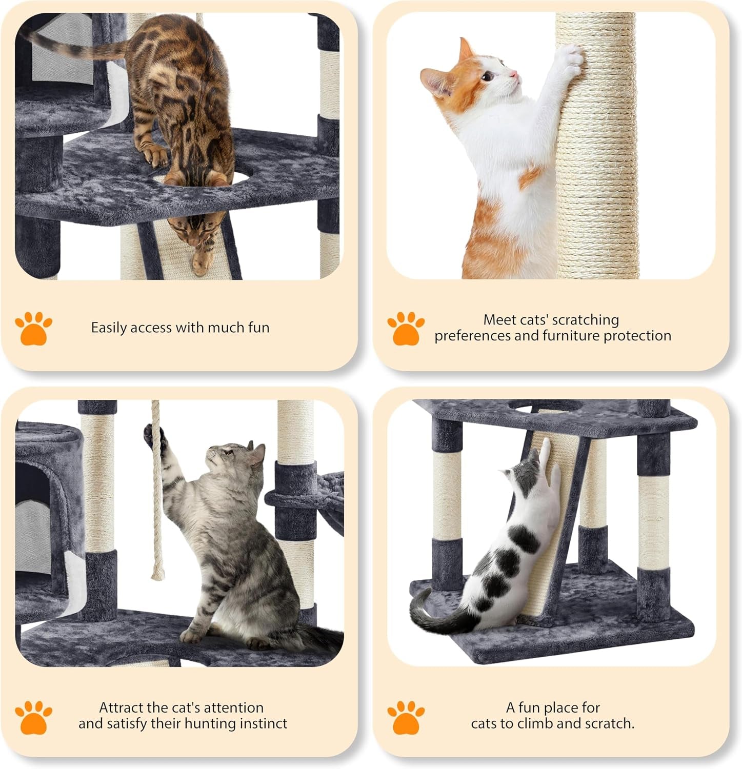 Collage closeups of cats scratching sisal posts, using the ramp and playing with dangling rope