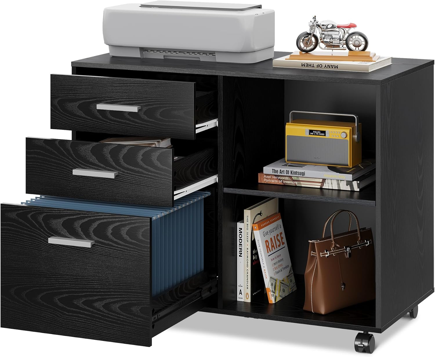 Three-drawer mobile filing cabinet in black wood finish with drawers open to show hanging files and open shelves with