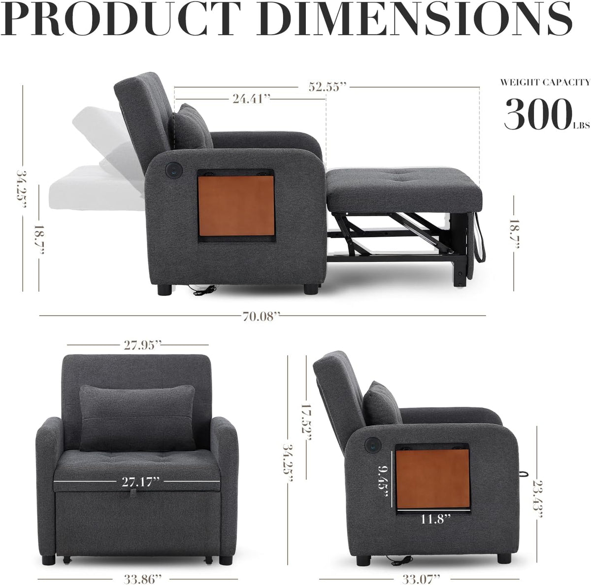 Technical diagram showing side and front product dimensions and layout for the dark grey sleeper chair
