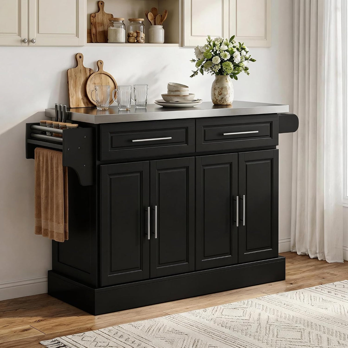 Black island against a wall with stainless top, utensils, flowers and towel on the side rack.
