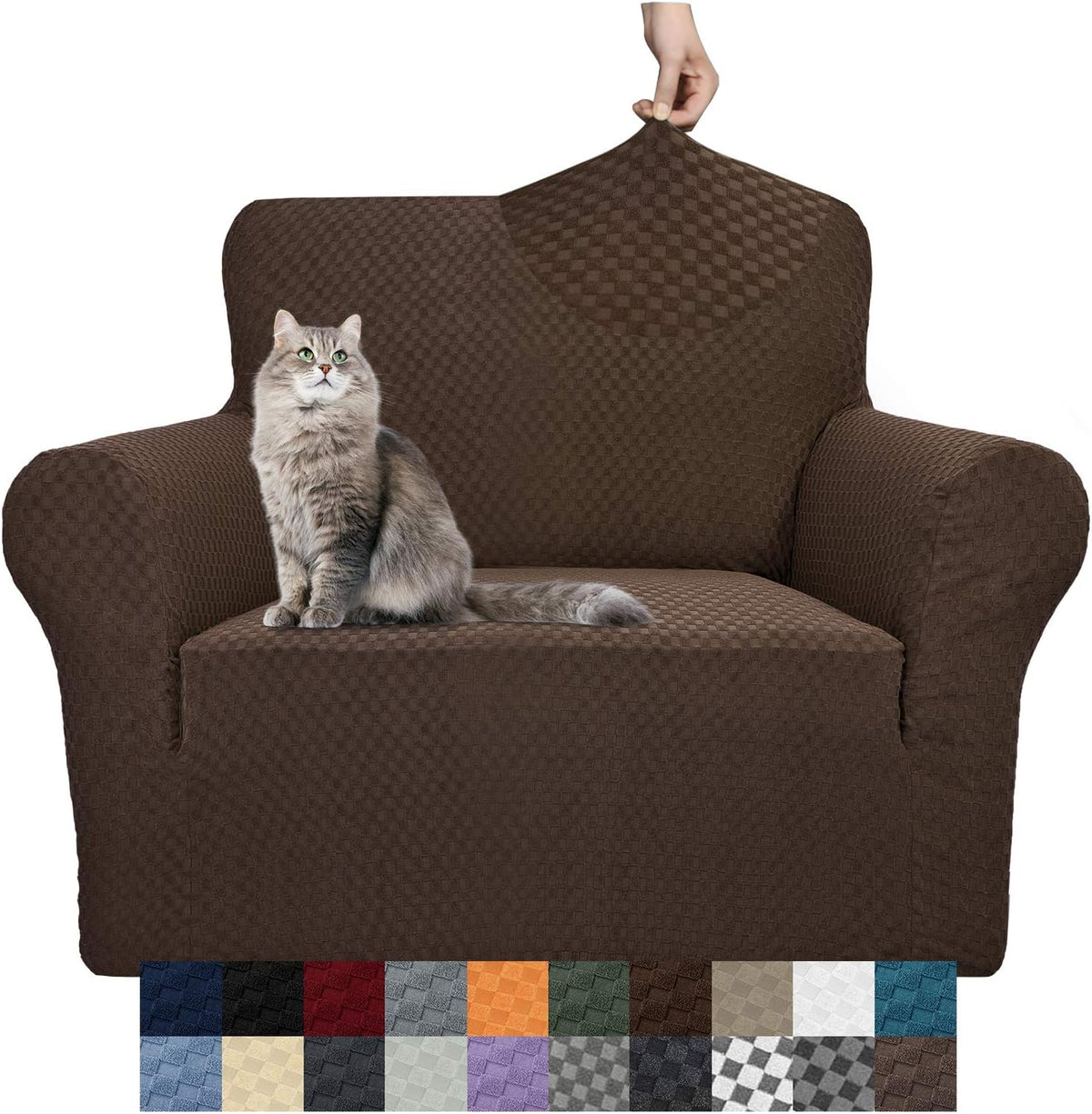 Brown textured slipcover on an armchair with a gray cat on the seat and a hand stretching the back fabric.