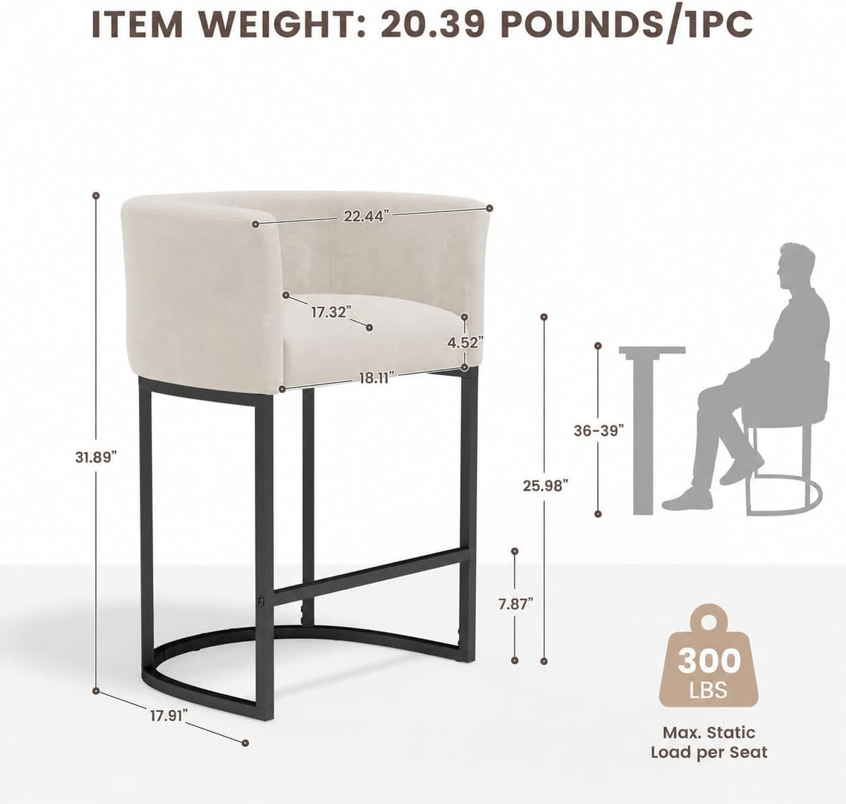 Diagram of an off-white counter stool with measurement callouts and a visible 300 lb capacity graphic