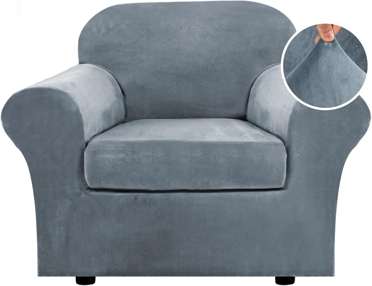 Front three-quarter view of a single-seat blue-gray armchair with a circular inset of a hand pinching the plush fabric.