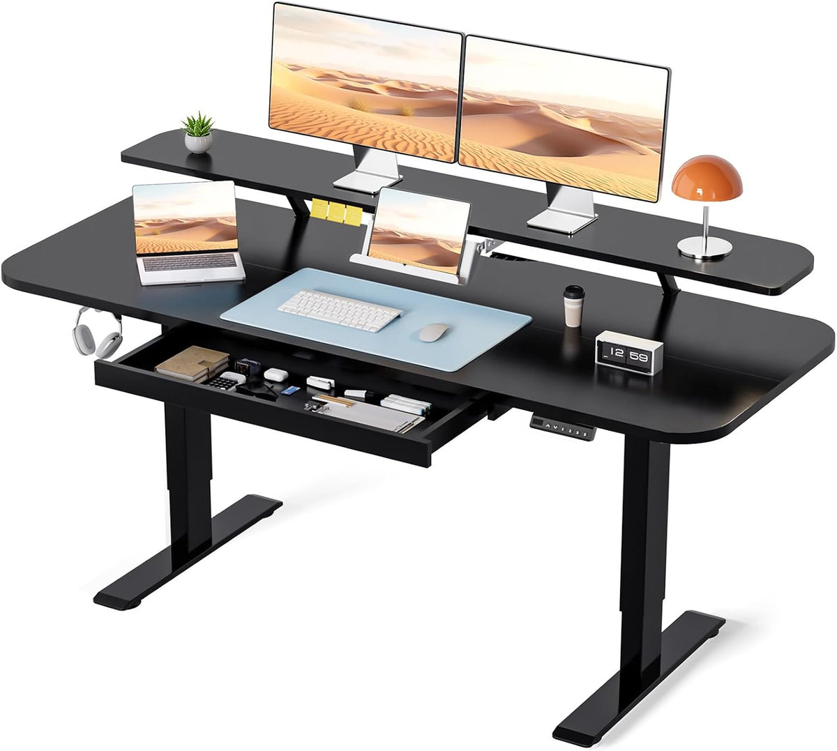 Angled front-left studio view of the black electric standing desk highlighting the shelf, rounded corners and extended