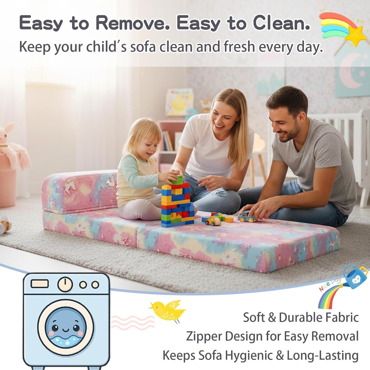 Family playing on the floor with a toddler sitting on the unfolded pastel unicorn-pattern sofa mattress in a nursery