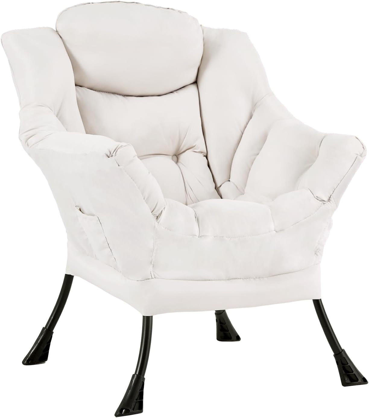 White padded lounge chair shown alone on a white background, three-quarter side view