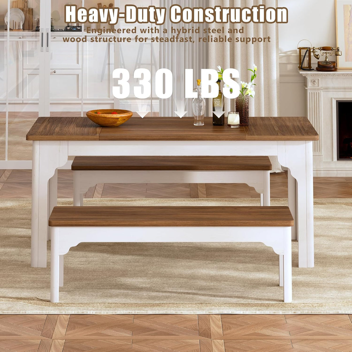 Front view of table with two benches stacked and a weight capacity callout above the tabletop