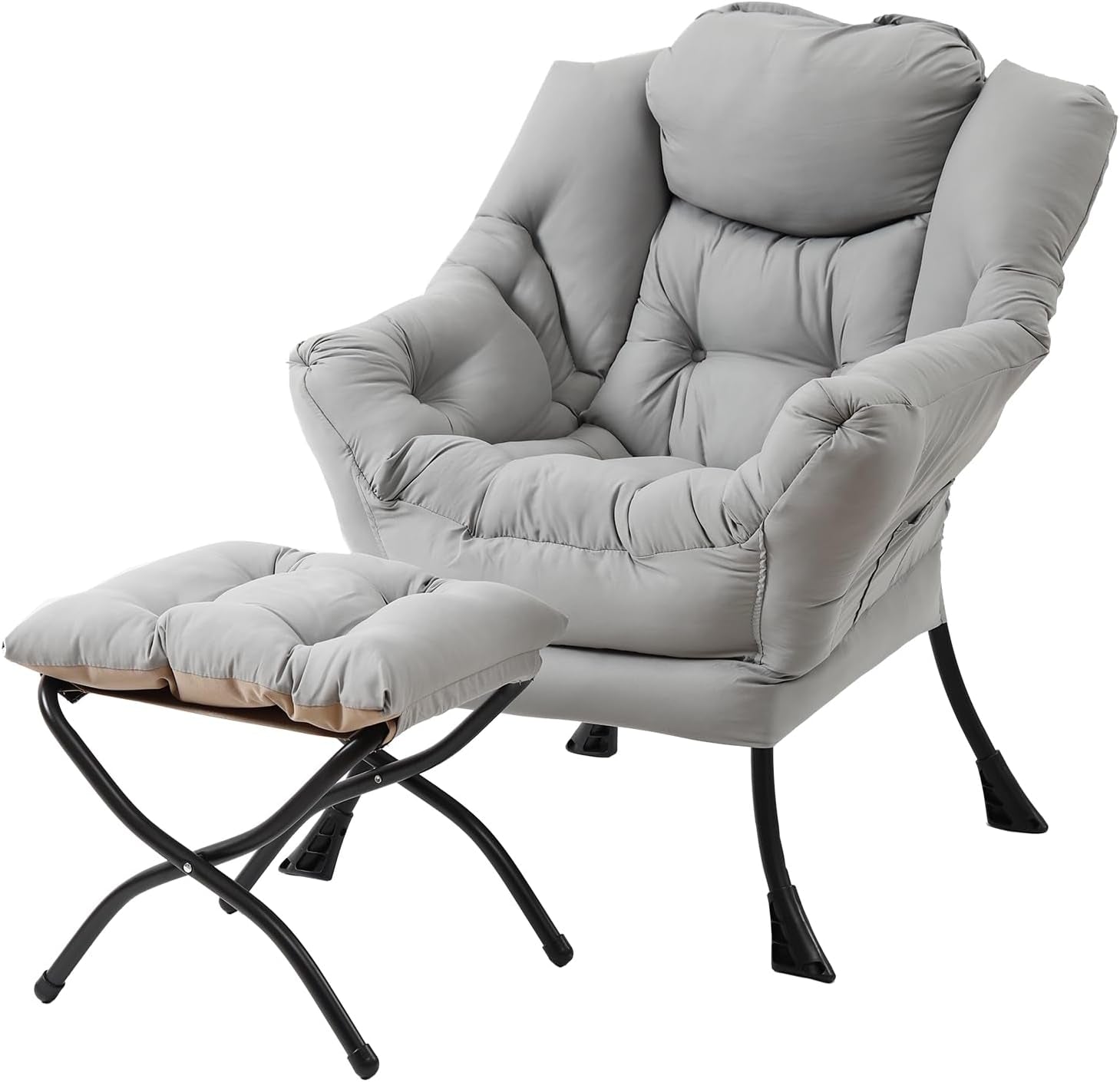Light gray tufted lounge chair with matching cushioned ottoman and curved black metal legs.