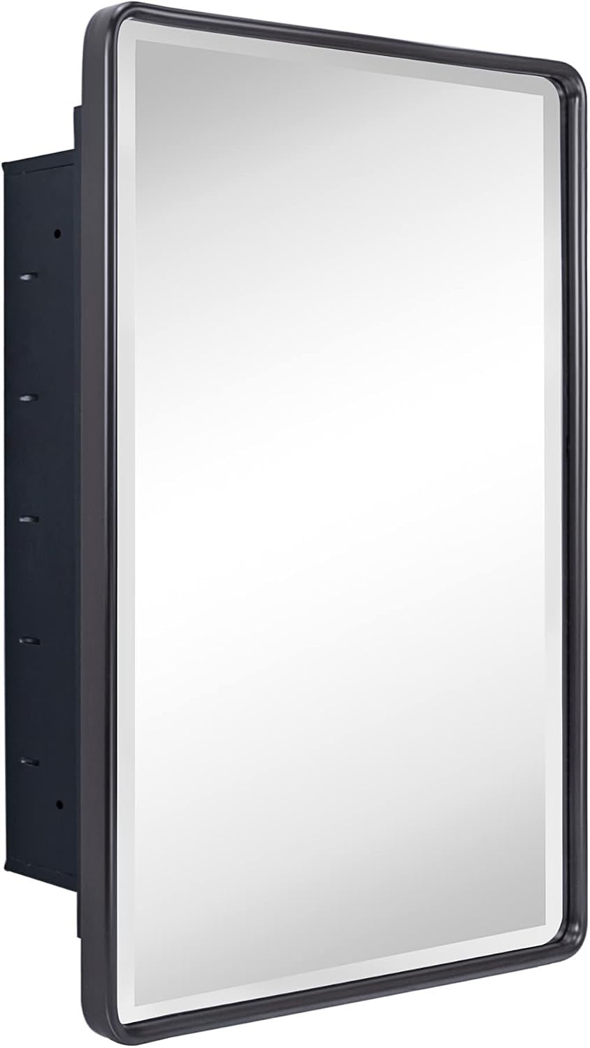 Three-quarter view of a matte black recessed mirror showing beveled mirror and exposed cabinet box at left.