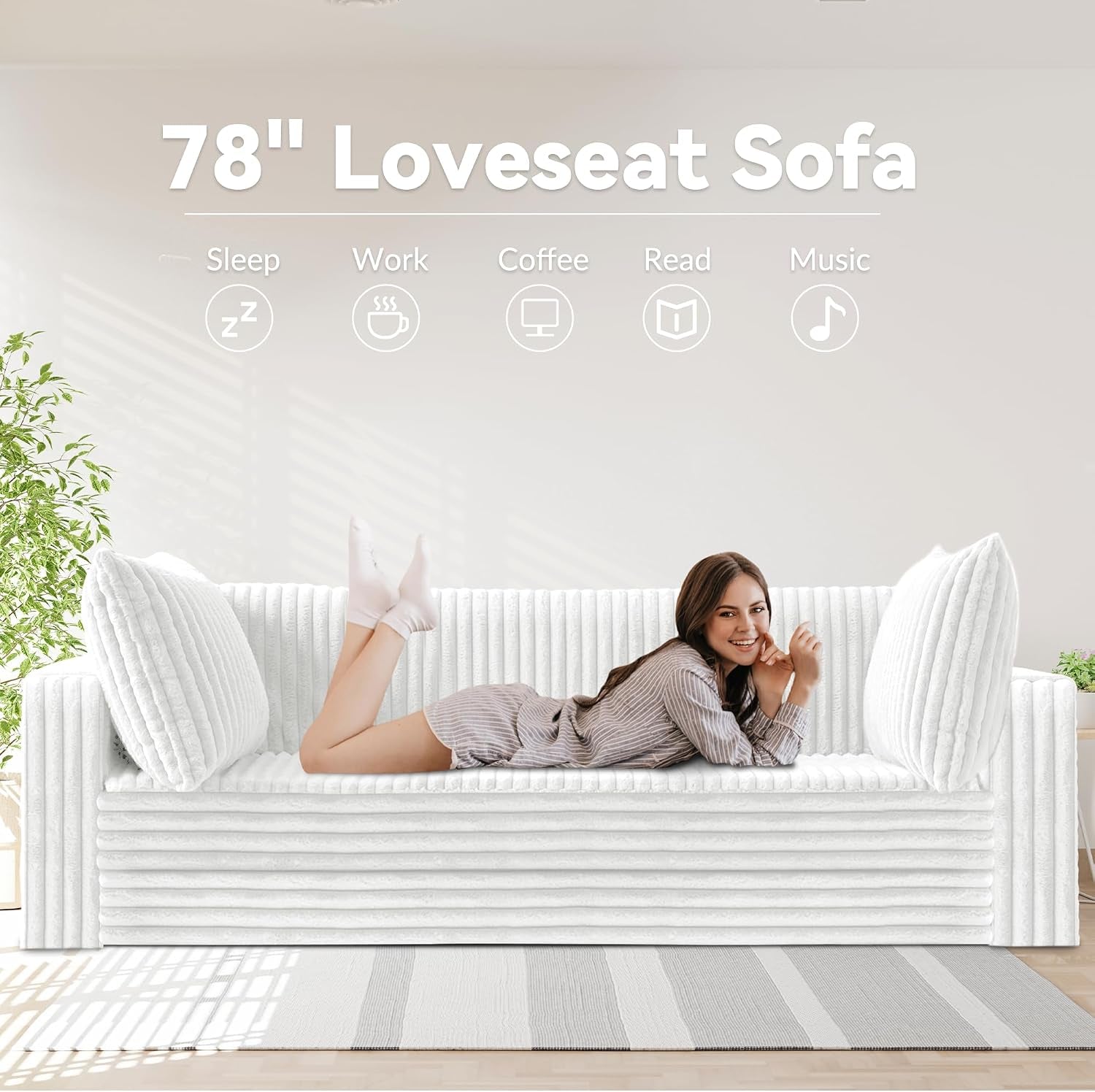 Model reclining on the 78" loveseat sofa with two pillows showing sofa use as seating