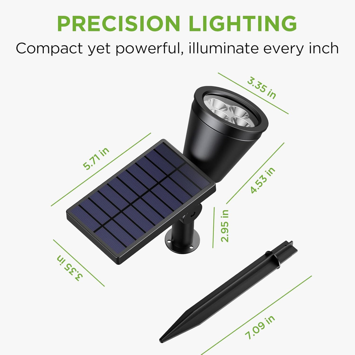 Exploded view of solar light and ground stake with green dimension labels around parts
