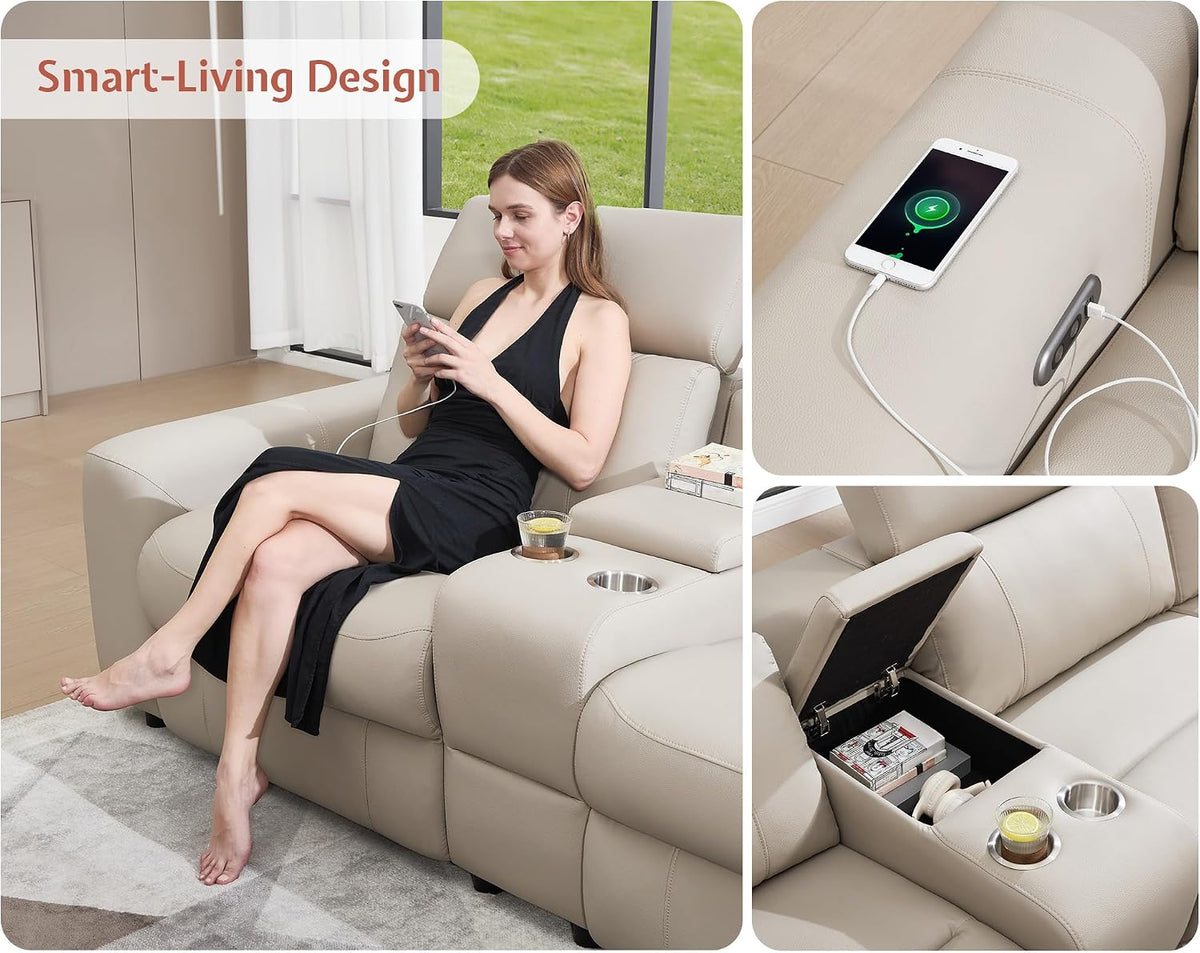 Collage showing the center console cup holders, hidden storage compartment, side USB/controls, and a seated model