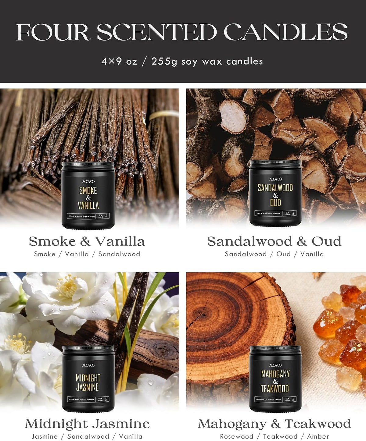 Four scent panels showing Smoke & Vanilla, Sandalwood & Oud, Midnight Jasmine and Mahogany & Teakwood candles with ingredient