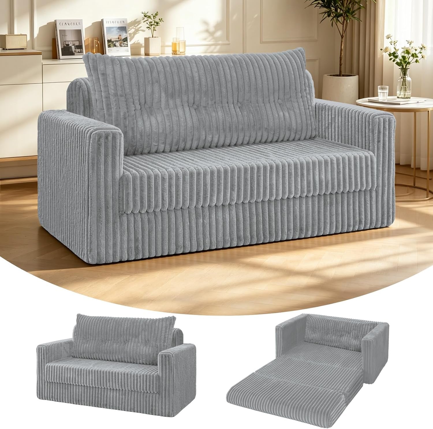 Light gray ribbed loveseat shown in room above small thumbnails of upright and unfolded sofa-bed configurations.