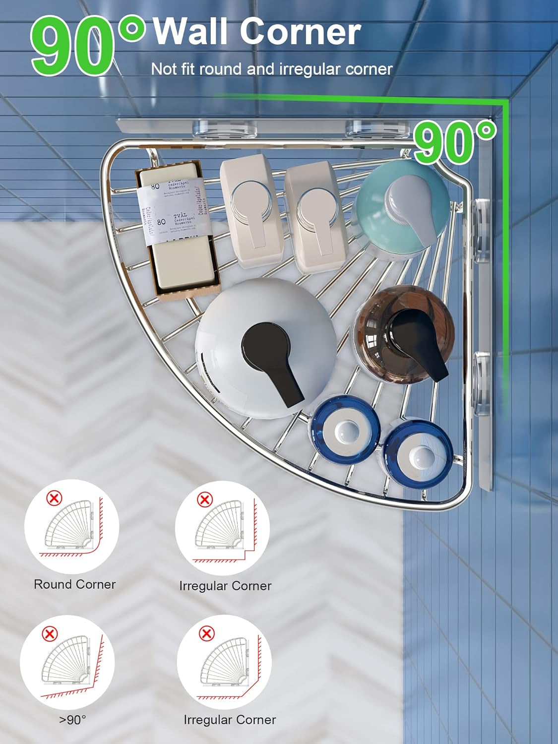 Top-down view of a corner shelf holding bottles in a tiled 90° corner with icons showing round and irregular corners are not适