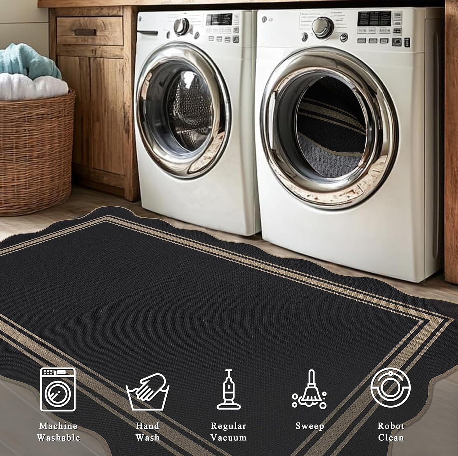 Black scalloped rug with beige border on the floor in front of stacked washer and dryer in a laundry room.