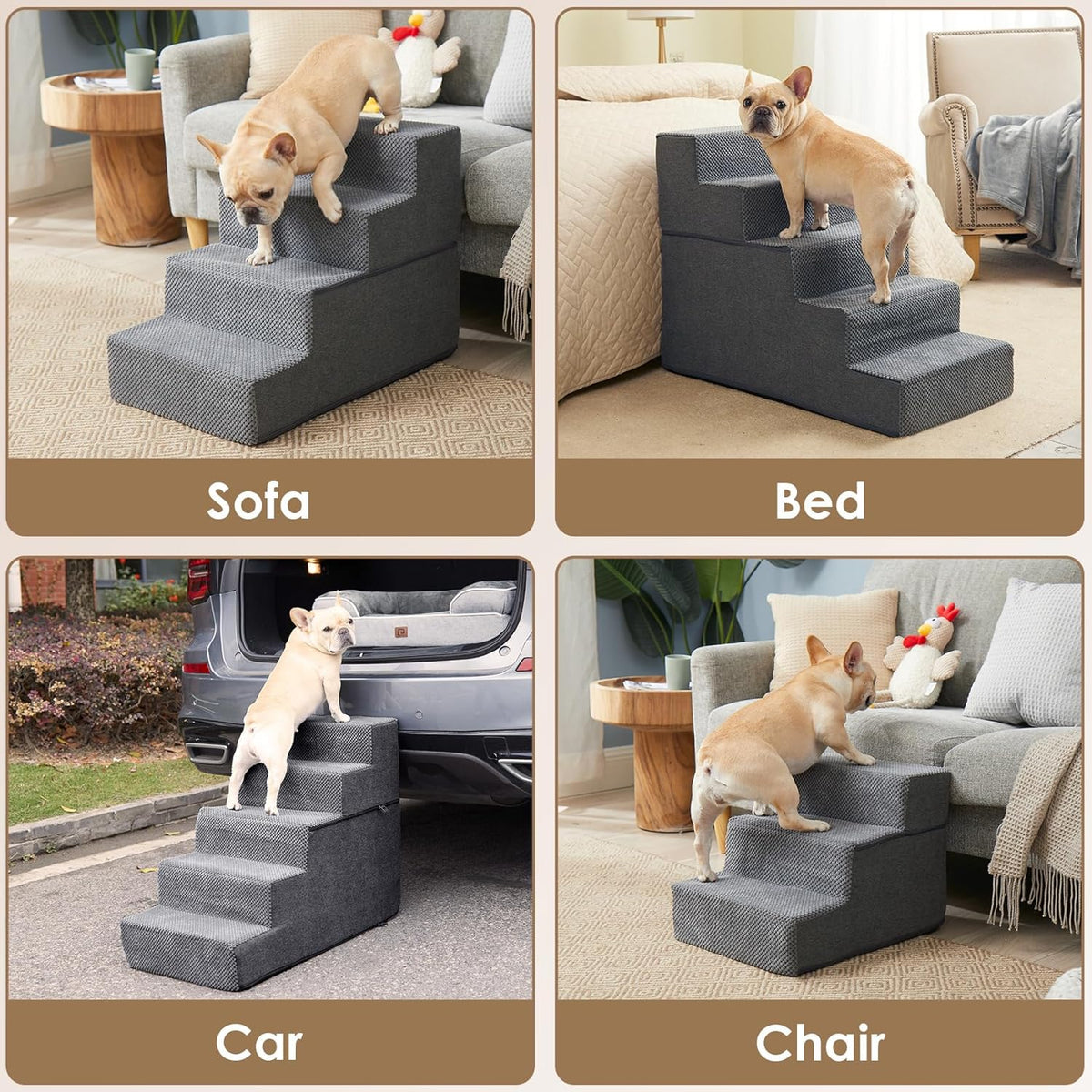 Four photos showing the steps used by a dog next to a sofa, bed, car trunk and chair in home and outdoor settings