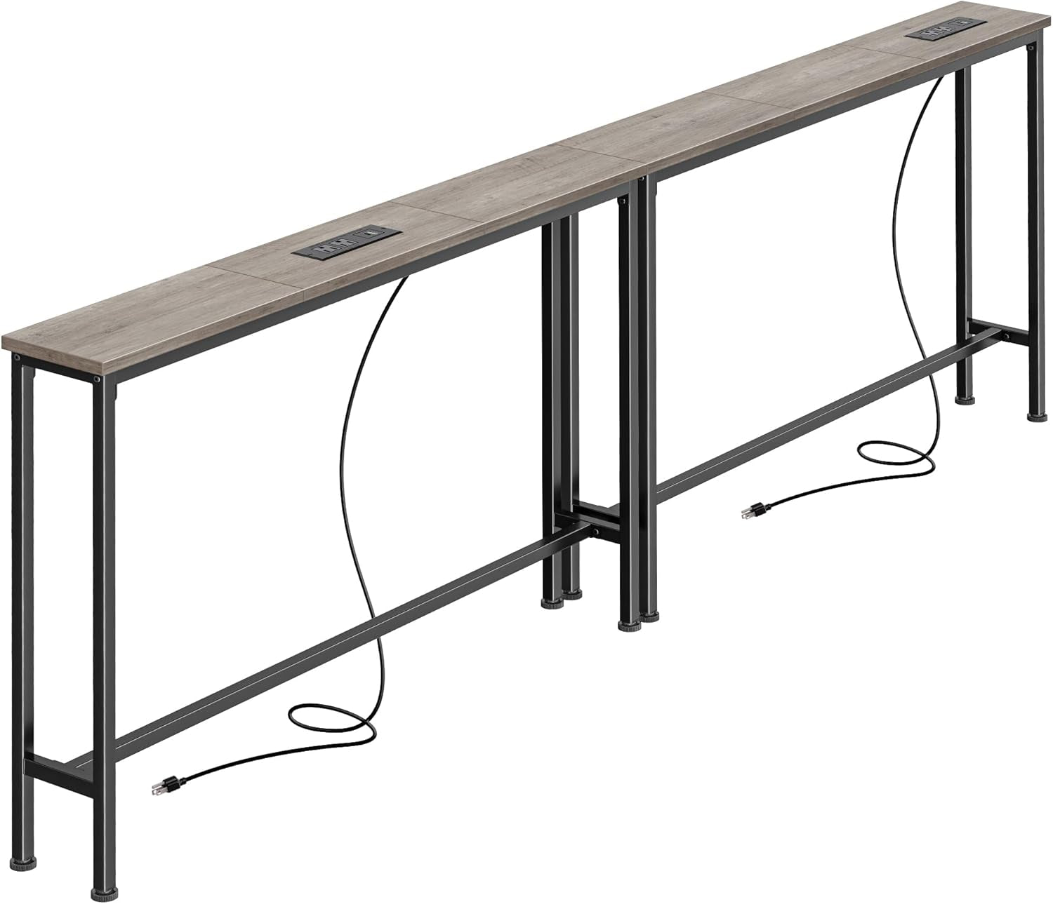 Slim console table with weathered gray wood top and black metal frame, visible power cord and top outlet module
