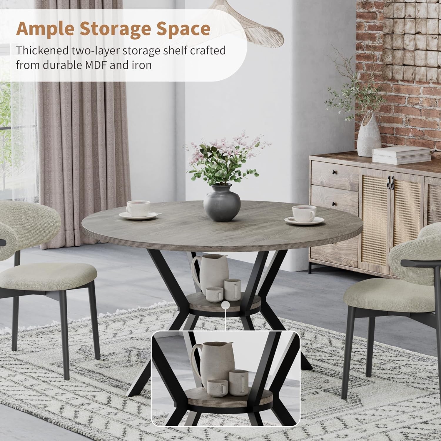 Round table set in a dining space highlighting the lower storage shelf holding dishes